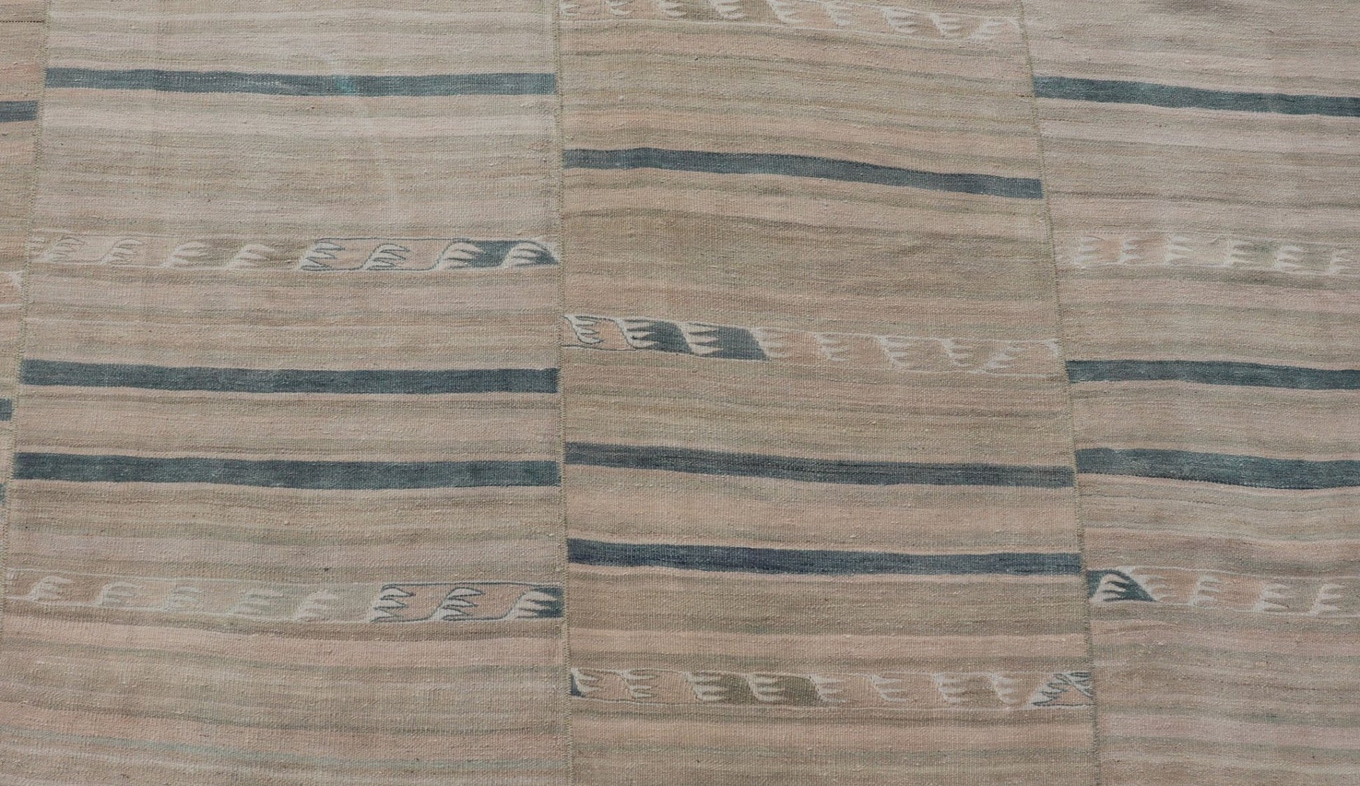 Measures: 8'11 x 12'6 Turkish Vintage Paneled Kilim Vintage Rug in Muted Colors With Blue Highlights. Keivan Woven Arts / rug EN - 15163 country of origin / type: Turkey / Kilim, circa mid - 20th century - Keivan Woven ArtsEN - 15163 - 22854Rug