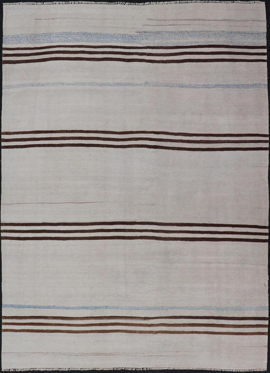 Striped Turkish Vintage Kilim Flat - Weave Rug in Brown's and Ivory. Keivan Woven Arts / rug EN - 15167, country of origin / type: Turkey / Kilim, circa 1950 Measures: 5'0 x 7'0 This vintage striped design Kilim from Turkey rendered in shade of brow... - Keivan Woven ArtsEN - 15167 - 24013Rug