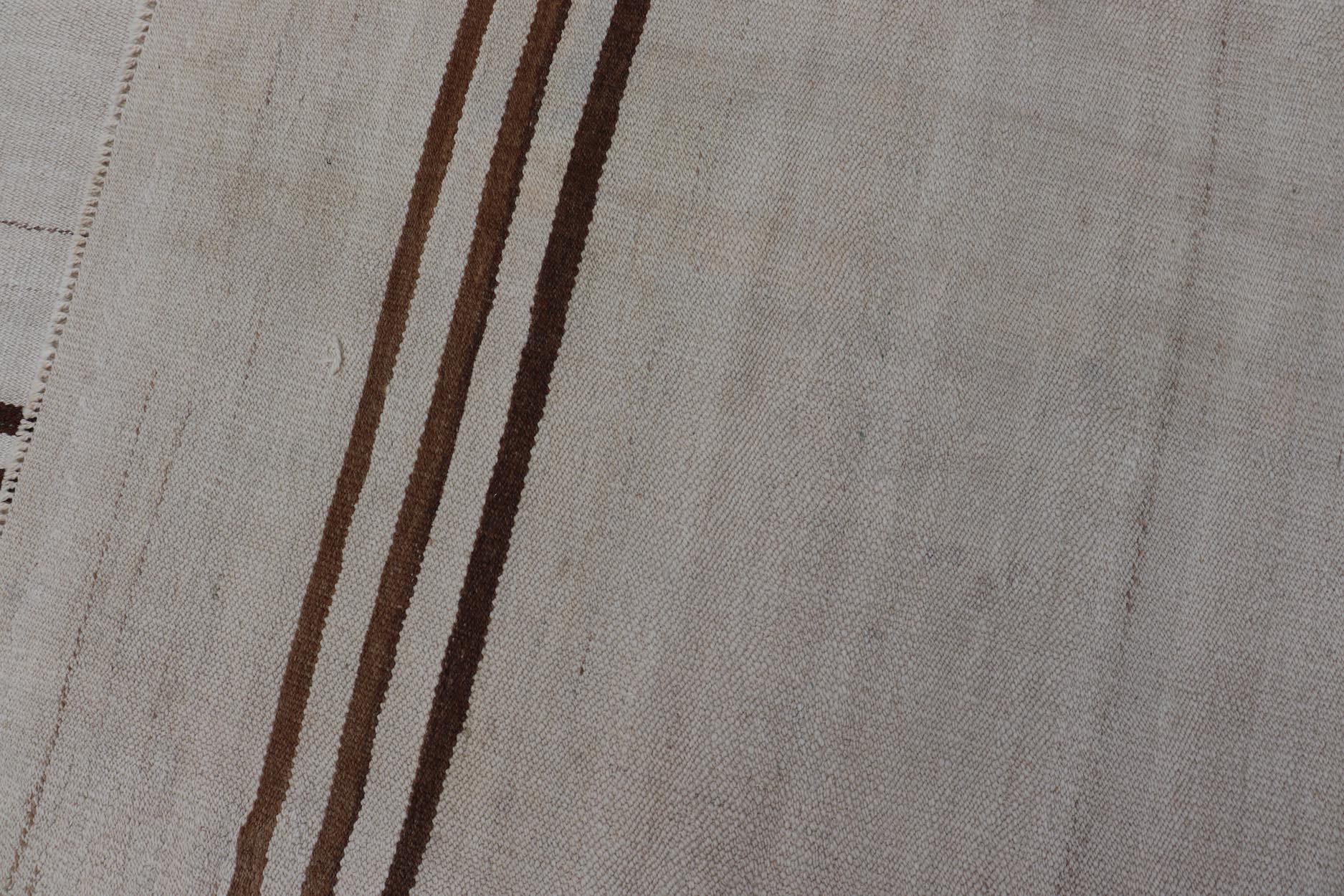 Vintage Kilim With Subtle Striped Patterns in Earthy Tones - Keivan Woven ArtsEN - 15167