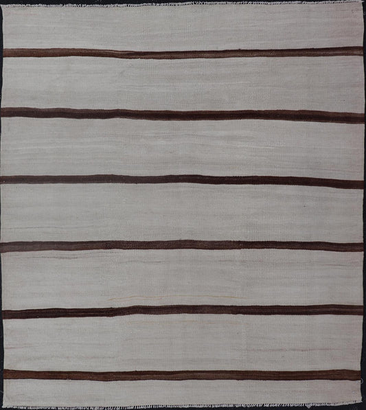 Turkish Vintage Kilim in Shades of Brown and Ivory with Stripe Design. Keivan Woven Arts / rug EN - 15170, country of origin / type: Turkey / Kilim, circa 1950 Measures: 4'2 x 5'0 This vintage striped design Turkish Kilim rendered in shade of brow... - Keivan Woven ArtsEN - 15170 - 23803Rug