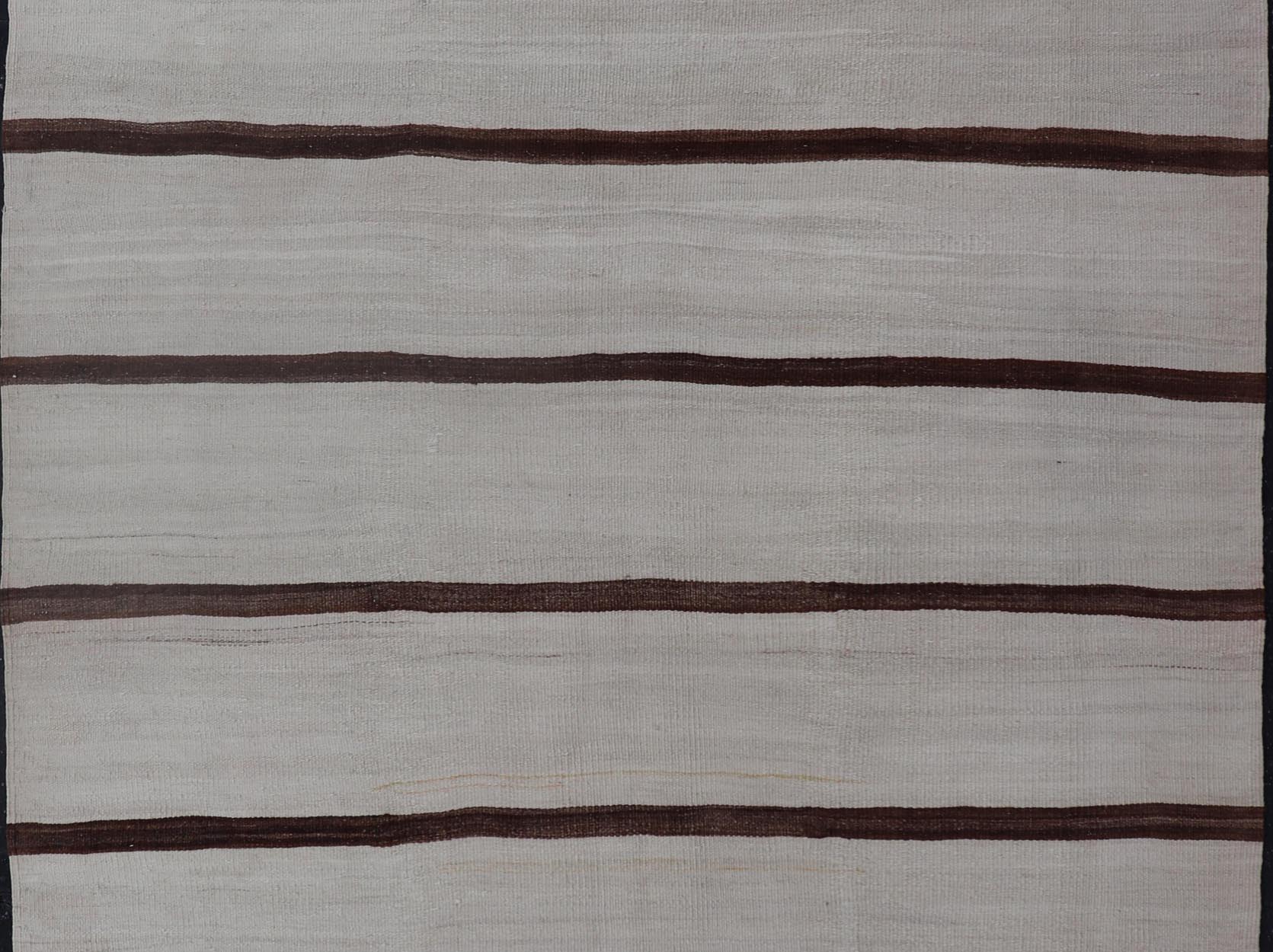 Turkish Vintage Kilim in Shades of Brown and Ivory with Stripe Design. Keivan Woven Arts / rug EN - 15170, country of origin / type: Turkey / Kilim, circa 1950 Measures: 4'2 x 5'0 This vintage striped design Turkish Kilim rendered in shade of brow... - Keivan Woven ArtsEN - 15170 - 23803Rug