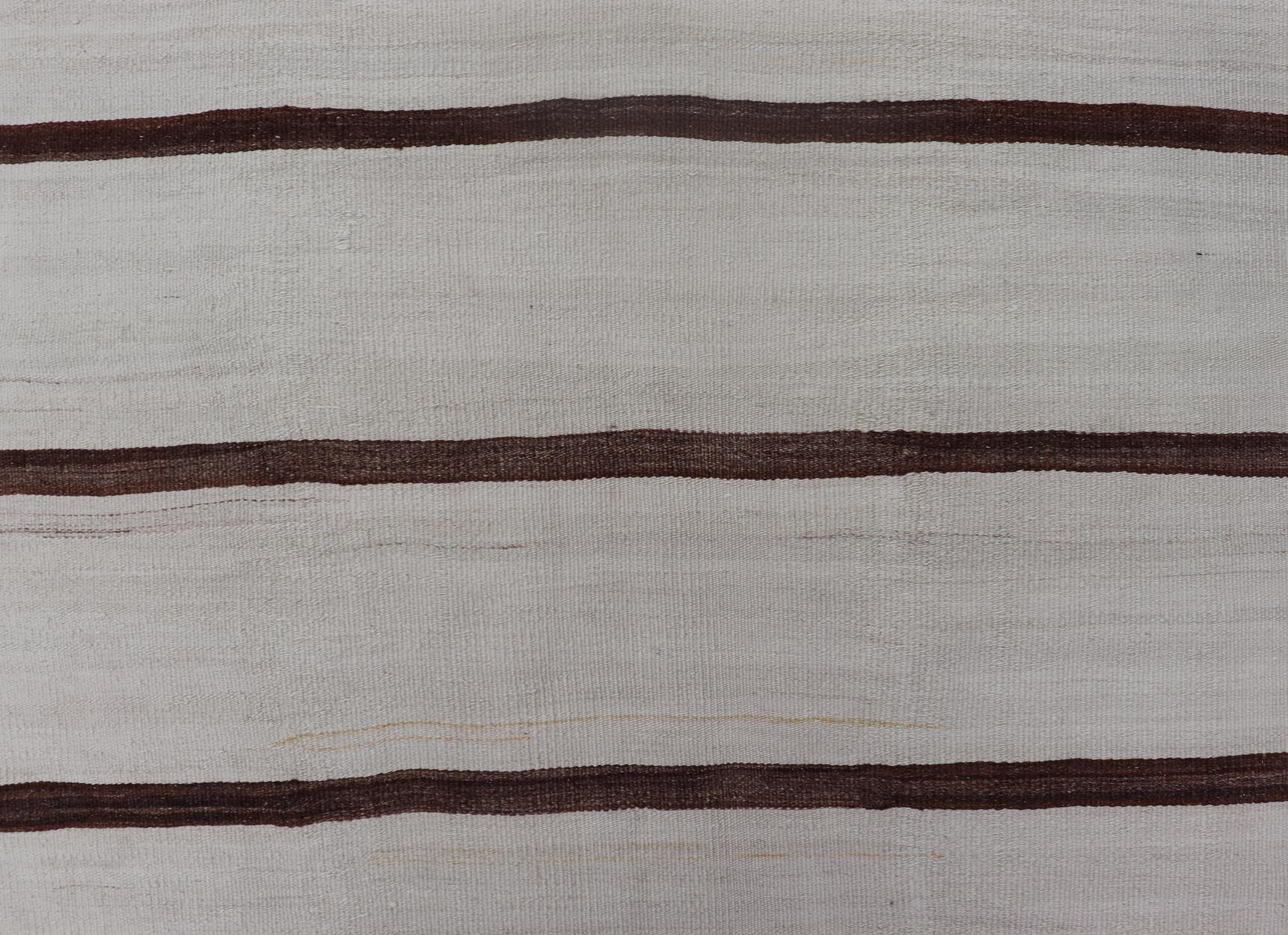 Turkish Vintage Kilim in Shades of Brown and Ivory with Stripe Design. Keivan Woven Arts / rug EN - 15170, country of origin / type: Turkey / Kilim, circa 1950 Measures: 4'2 x 5'0 This vintage striped design Turkish Kilim rendered in shade of brow... - Keivan Woven ArtsEN - 15170 - 23803Rug