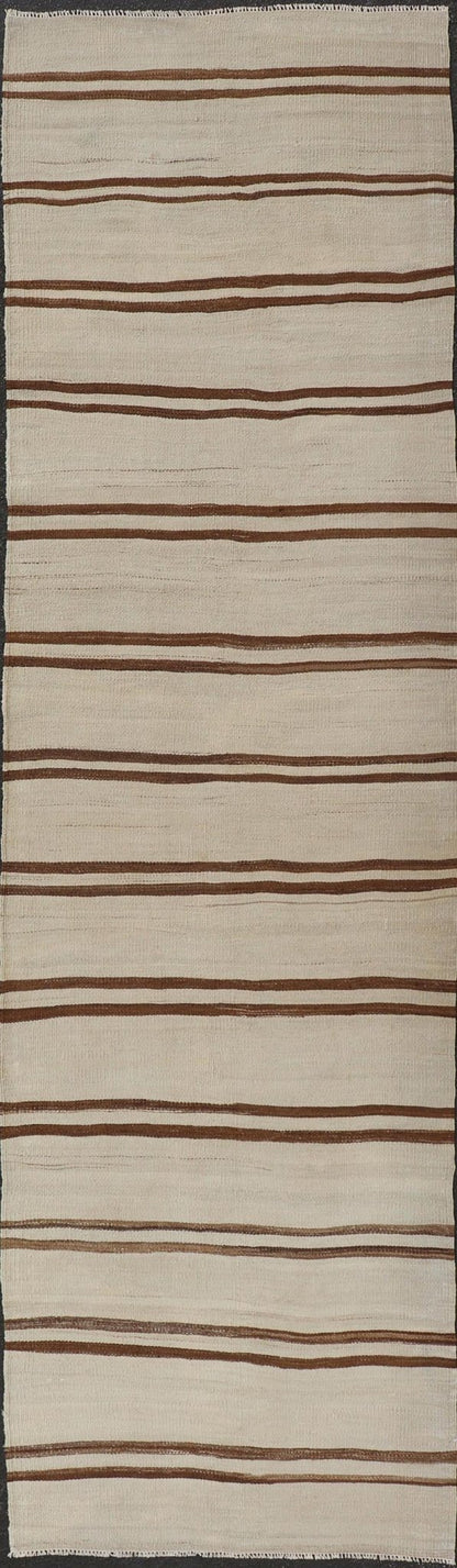 Minimalist Design Vintage Kilim Runner with Stripes in Brown and Ivory. Keivan Woven Arts / rug EN - 15171, country of origin / type: Turkey / Kilim, circa 1950 Measures: 3'2 x 11'9 This vintage flat - woven kilim runner features a minimalist de... - Keivan Woven ArtsEN - 15171 - 24025Rug