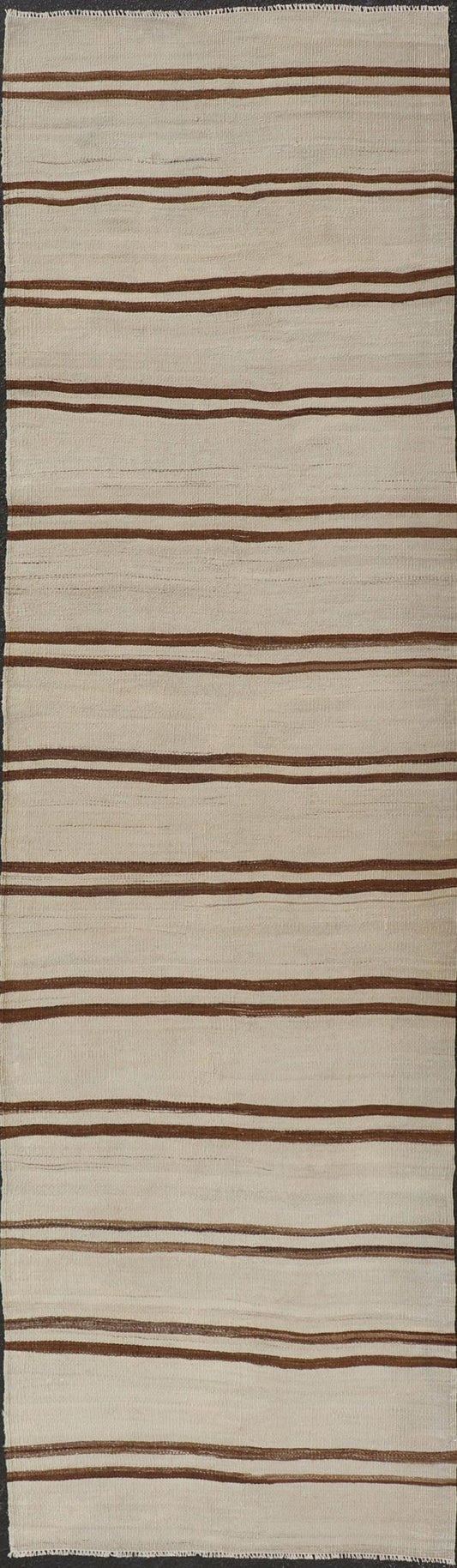 Minimalist Design Vintage Kilim Runner with Stripes in Brown and Ivory. Keivan Woven Arts / rug EN - 15171, country of origin / type: Turkey / Kilim, circa 1950 Measures: 3'2 x 11'9 This vintage flat - woven kilim runner features a minimalist de... - Keivan Woven ArtsEN - 15171 - 24025Rug