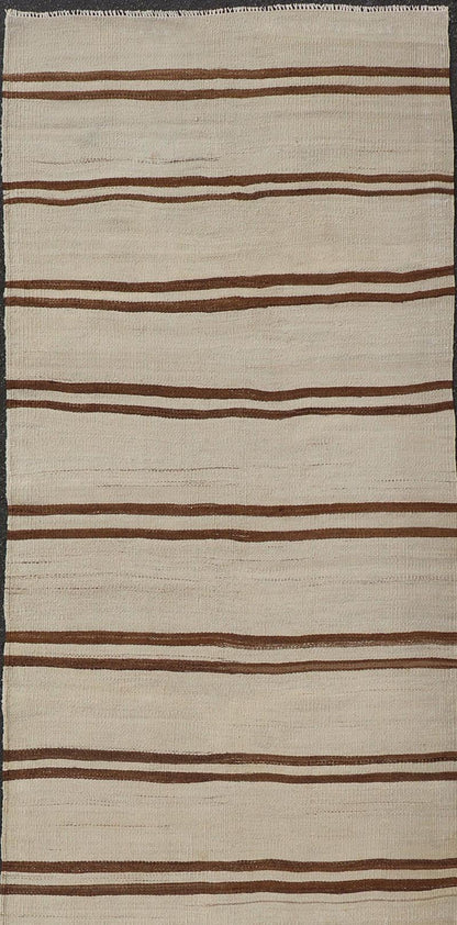 Minimalist Design Vintage Kilim Runner with Stripes in Brown and Ivory. Keivan Woven Arts / rug EN - 15171, country of origin / type: Turkey / Kilim, circa 1950 Measures: 3'2 x 11'9 This vintage flat - woven kilim runner features a minimalist de... - Keivan Woven ArtsEN - 15171 - 24025Rug