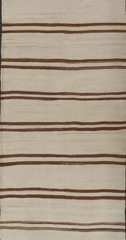 Minimalist Design Vintage Kilim Runner with Stripes in Brown and Ivory. Keivan Woven Arts / rug EN - 15171, country of origin / type: Turkey / Kilim, circa 1950 Measures: 3'2 x 11'9 This vintage flat - woven kilim runner features a minimalist de... - Keivan Woven ArtsEN - 15171 - 24025Rug