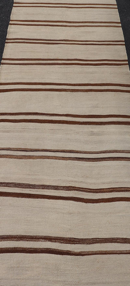 Minimalist Design Vintage Kilim Runner with Stripes in Brown and Ivory. Keivan Woven Arts / rug EN - 15171, country of origin / type: Turkey / Kilim, circa 1950 Measures: 3'2 x 11'9 This vintage flat - woven kilim runner features a minimalist de... - Keivan Woven ArtsEN - 15171 - 24025Rug