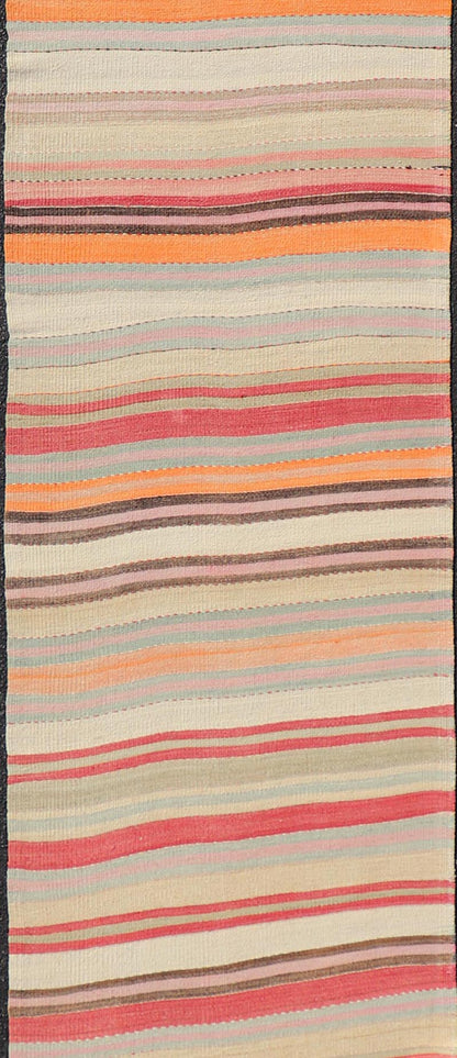 Vintage Kilim Runner with Horizontal Stripes in Pastel Vivid Colors. Keivan Woven Arts / rug EN - 15174, country of origin / type: Turkey / Kilim, circa mid - 20th century Measures: 2'8 x 13'6 Featuring a repeating horizontal stripe design, this uniq... - Keivan Woven ArtsEN - 15174 - 23595Rug