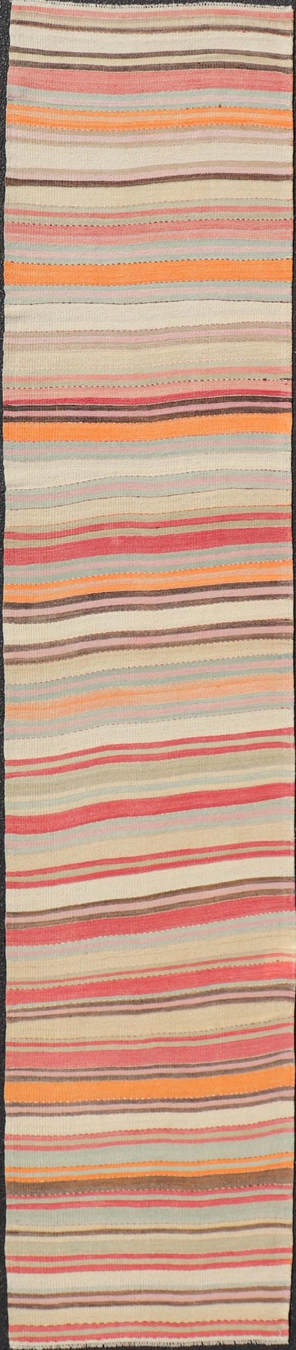 Vintage Kilim Runner with Horizontal Stripes in Pastel Vivid Colors. Keivan Woven Arts / rug EN - 15174, country of origin / type: Turkey / Kilim, circa mid - 20th century Measures: 2'8 x 13'6 Featuring a repeating horizontal stripe design, this uniq... - Keivan Woven ArtsEN - 15174 - 23595Rug