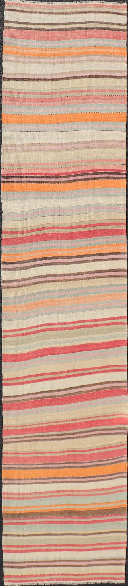 Vintage Kilim Runner with Horizontal Stripes in Pastel Vivid Colors. Keivan Woven Arts / rug EN - 15174, country of origin / type: Turkey / Kilim, circa mid - 20th century Measures: 2'8 x 13'6 Featuring a repeating horizontal stripe design, this uniq... - Keivan Woven ArtsEN - 15174 - 23595Rug