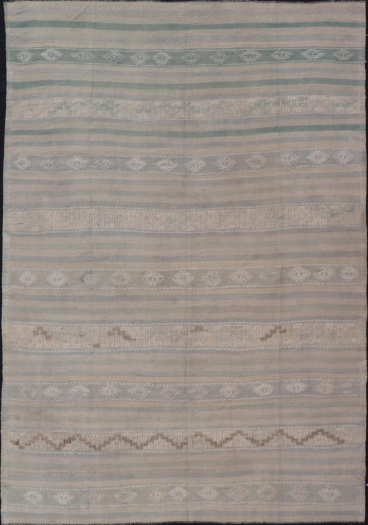 Measures: 6'6 x 10'0 Turkish Flat - Weave in Tan, Taupe, and Gray - Blue with Stripes and Embroideries. Keivan Woven Arts / Rug EN - 15176, country of origin / type: Turkey / Kilim, circa 1950. This vintage Turkish Kilim rug features a contemporar... - Keivan Woven ArtsEN - 15176 - 21877Rug