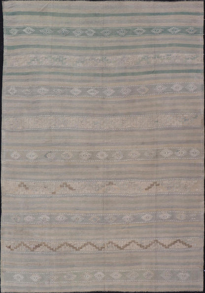 Measures: 6'6 x 10'0 Turkish Flat - Weave in Tan, Taupe, and Gray - Blue with Stripes and Embroideries. Keivan Woven Arts / Rug EN - 15176, country of origin / type: Turkey / Kilim, circa 1950. This vintage Turkish Kilim rug features a contemporar... - Keivan Woven ArtsEN - 15176 - 21877Rug