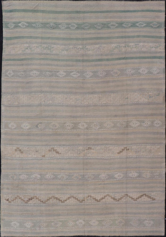 Measures: 6'6 x 10'0 Turkish Flat - Weave in Tan, Taupe, and Gray - Blue with Stripes and Embroideries. Keivan Woven Arts / Rug EN - 15176, country of origin / type: Turkey / Kilim, circa 1950. This vintage Turkish Kilim rug features a contemporar... - Keivan Woven ArtsEN - 15176 - 21877