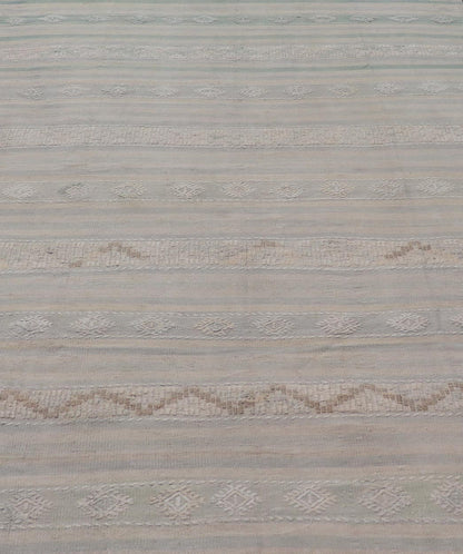 Measures: 6'6 x 10'0 Turkish Flat - Weave in Tan, Taupe, and Gray - Blue with Stripes and Embroideries. Keivan Woven Arts / Rug EN - 15176, country of origin / type: Turkey / Kilim, circa 1950. This vintage Turkish Kilim rug features a contemporar... - Keivan Woven ArtsEN - 15176 - 21877Rug
