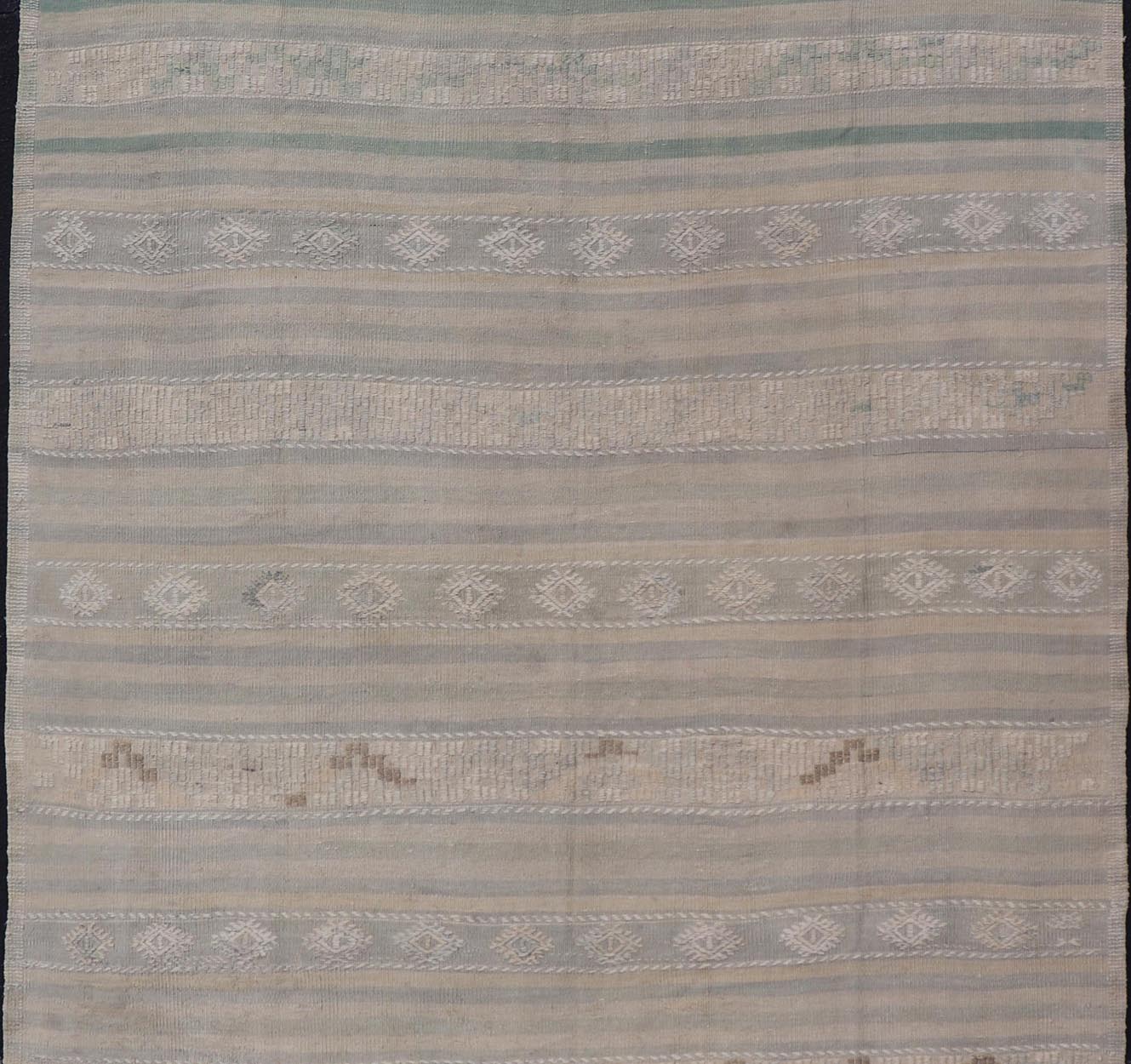 Measures: 6'6 x 10'0 Turkish Flat - Weave in Tan, Taupe, and Gray - Blue with Stripes and Embroideries. Keivan Woven Arts / Rug EN - 15176, country of origin / type: Turkey / Kilim, circa 1950. This vintage Turkish Kilim rug features a contemporar... - Keivan Woven ArtsEN - 15176 - 21877Rug