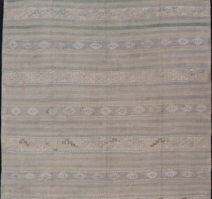 Measures: 6'6 x 10'0 Turkish Flat - Weave in Tan, Taupe, and Gray - Blue with Stripes and Embroideries. Keivan Woven Arts / Rug EN - 15176, country of origin / type: Turkey / Kilim, circa 1950. This vintage Turkish Kilim rug features a contemporar... - Keivan Woven ArtsEN - 15176 - 21877Rug