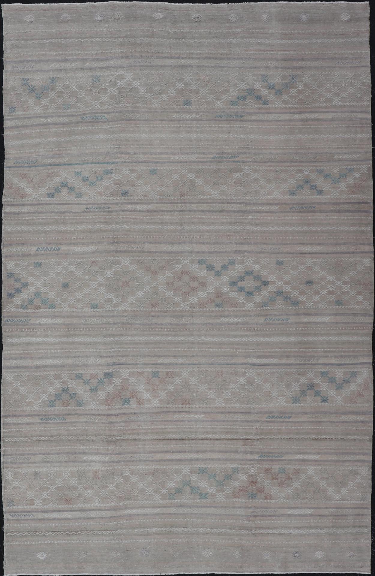 Vintage Turkish Kilim Rug with Neutral Horizontal Stripes and Geometric Designs. Keivan Woven Arts / rug EN - 15177, country of origin / type: Turkey / Kilim, circa 1950 Measures: 6'1 x 10'0 Featuring geometric shapes rendered in a repeating horiz... - Keivan Woven ArtsEN - 15177 - 23809Rug