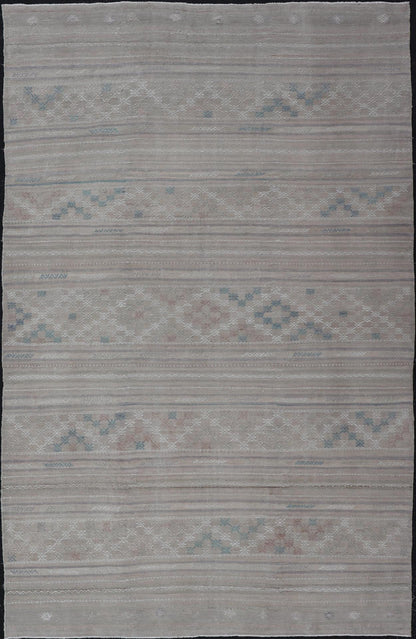 Vintage Turkish Kilim Rug with Neutral Horizontal Stripes and Geometric Designs. Keivan Woven Arts / rug EN - 15177, country of origin / type: Turkey / Kilim, circa 1950 Measures: 6'1 x 10'0 Featuring geometric shapes rendered in a repeating horiz... - Keivan Woven ArtsEN - 15177 - 23809Rug