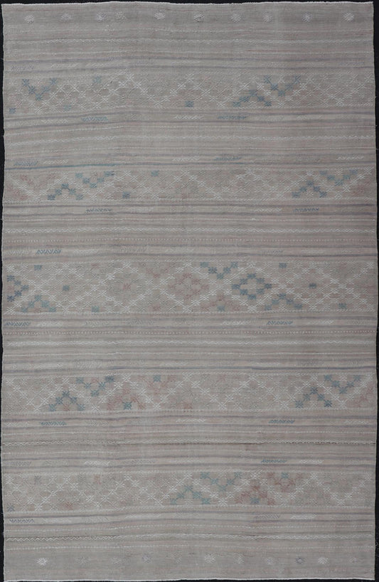 Vintage Turkish Kilim Rug with Neutral Horizontal Stripes and Geometric Designs. Keivan Woven Arts / rug EN - 15177, country of origin / type: Turkey / Kilim, circa 1950 Measures: 6'1 x 10'0 Featuring geometric shapes rendered in a repeating horiz... - Keivan Woven ArtsEN - 15177 - 23809Rug