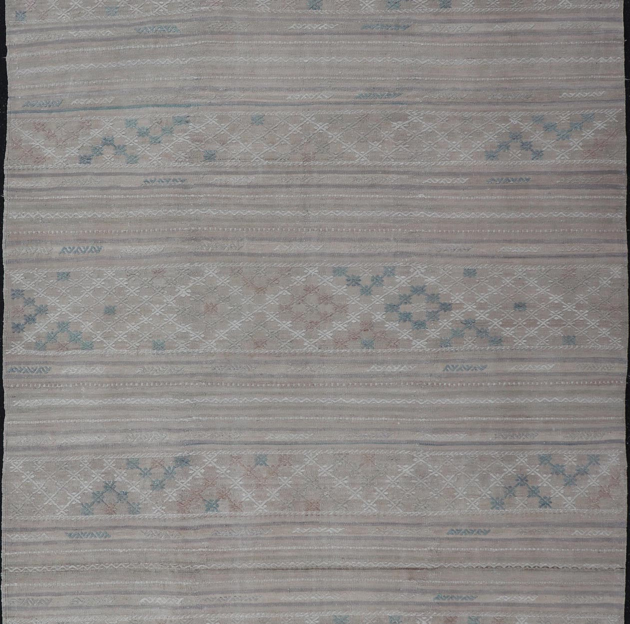 Vintage Turkish Kilim Rug with Neutral Horizontal Stripes and Geometric Designs. Keivan Woven Arts / rug EN - 15177, country of origin / type: Turkey / Kilim, circa 1950 Measures: 6'1 x 10'0 Featuring geometric shapes rendered in a repeating horiz... - Keivan Woven ArtsEN - 15177 - 23809Rug