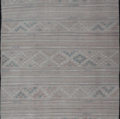 Vintage Turkish Kilim Rug with Neutral Horizontal Stripes and Geometric Designs. Keivan Woven Arts / rug EN - 15177, country of origin / type: Turkey / Kilim, circa 1950 Measures: 6'1 x 10'0 Featuring geometric shapes rendered in a repeating horiz... - Keivan Woven ArtsEN - 15177 - 23809Rug