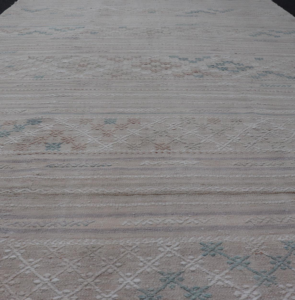 Vintage Turkish Kilim Rug with Neutral Horizontal Stripes and Geometric Designs. Keivan Woven Arts / rug EN - 15177, country of origin / type: Turkey / Kilim, circa 1950 Measures: 6'1 x 10'0 Featuring geometric shapes rendered in a repeating horiz... - Keivan Woven ArtsEN - 15177 - 23809Rug