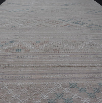 Vintage Turkish Kilim Rug with Neutral Horizontal Stripes and Geometric Designs. Keivan Woven Arts / rug EN - 15177, country of origin / type: Turkey / Kilim, circa 1950 Measures: 6'1 x 10'0 Featuring geometric shapes rendered in a repeating horiz... - Keivan Woven ArtsEN - 15177 - 23809Rug