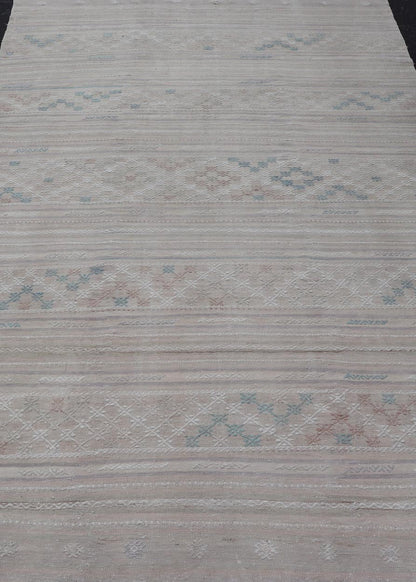 Vintage Turkish Kilim Rug with Neutral Horizontal Stripes and Geometric Designs. Keivan Woven Arts / rug EN - 15177, country of origin / type: Turkey / Kilim, circa 1950 Measures: 6'1 x 10'0 Featuring geometric shapes rendered in a repeating horiz... - Keivan Woven ArtsEN - 15177 - 23809Rug