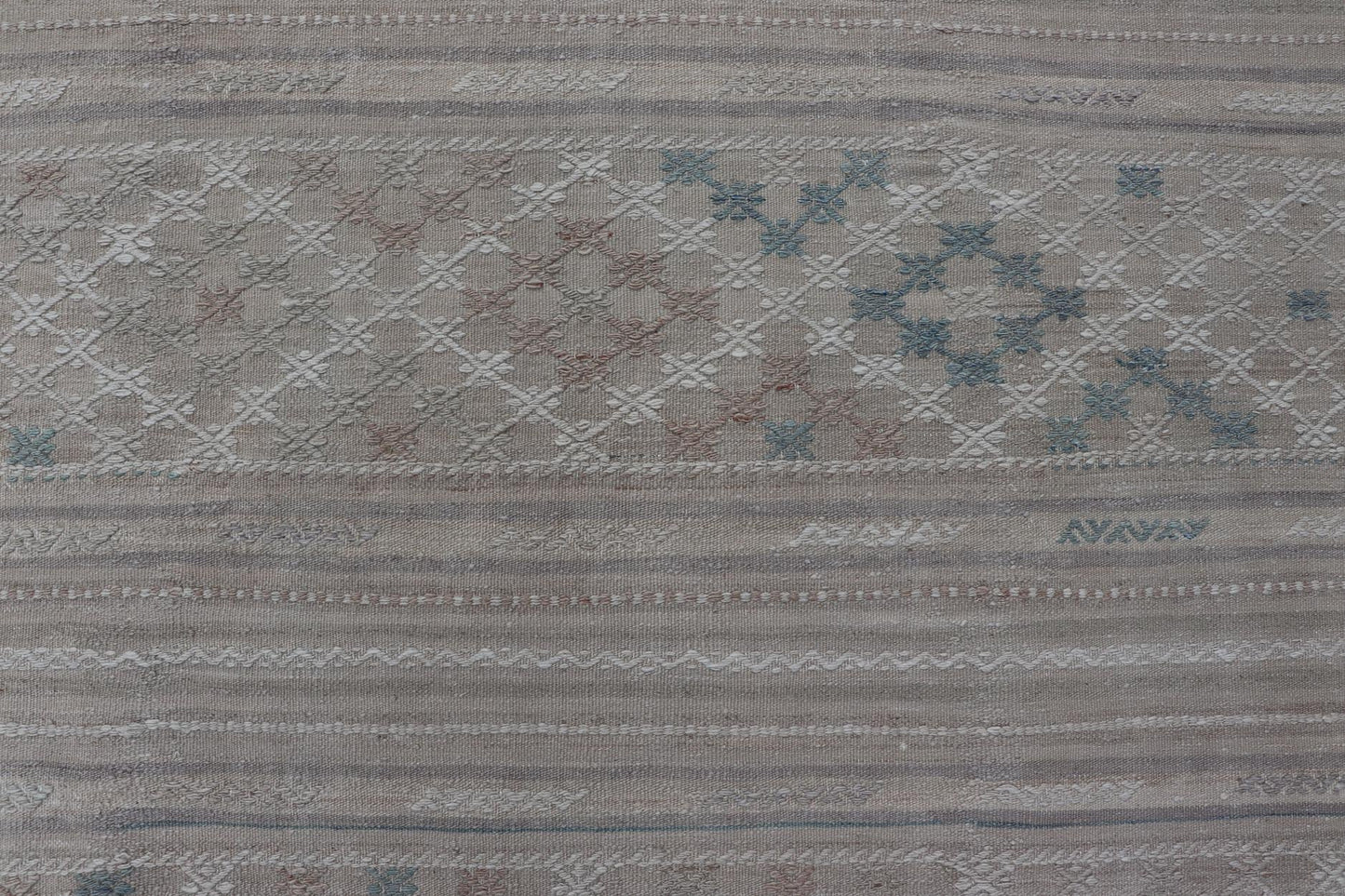 Vintage Turkish Kilim Rug with Neutral Horizontal Stripes and Geometric Designs. Keivan Woven Arts / rug EN - 15177, country of origin / type: Turkey / Kilim, circa 1950 Measures: 6'1 x 10'0 Featuring geometric shapes rendered in a repeating horiz... - Keivan Woven ArtsEN - 15177 - 23809Rug