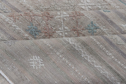 Vintage Turkish Kilim Rug with Neutral Horizontal Stripes and Geometric Designs. Keivan Woven Arts / rug EN - 15177, country of origin / type: Turkey / Kilim, circa 1950 Measures: 6'1 x 10'0 Featuring geometric shapes rendered in a repeating horiz... - Keivan Woven ArtsEN - 15177 - 23809Rug