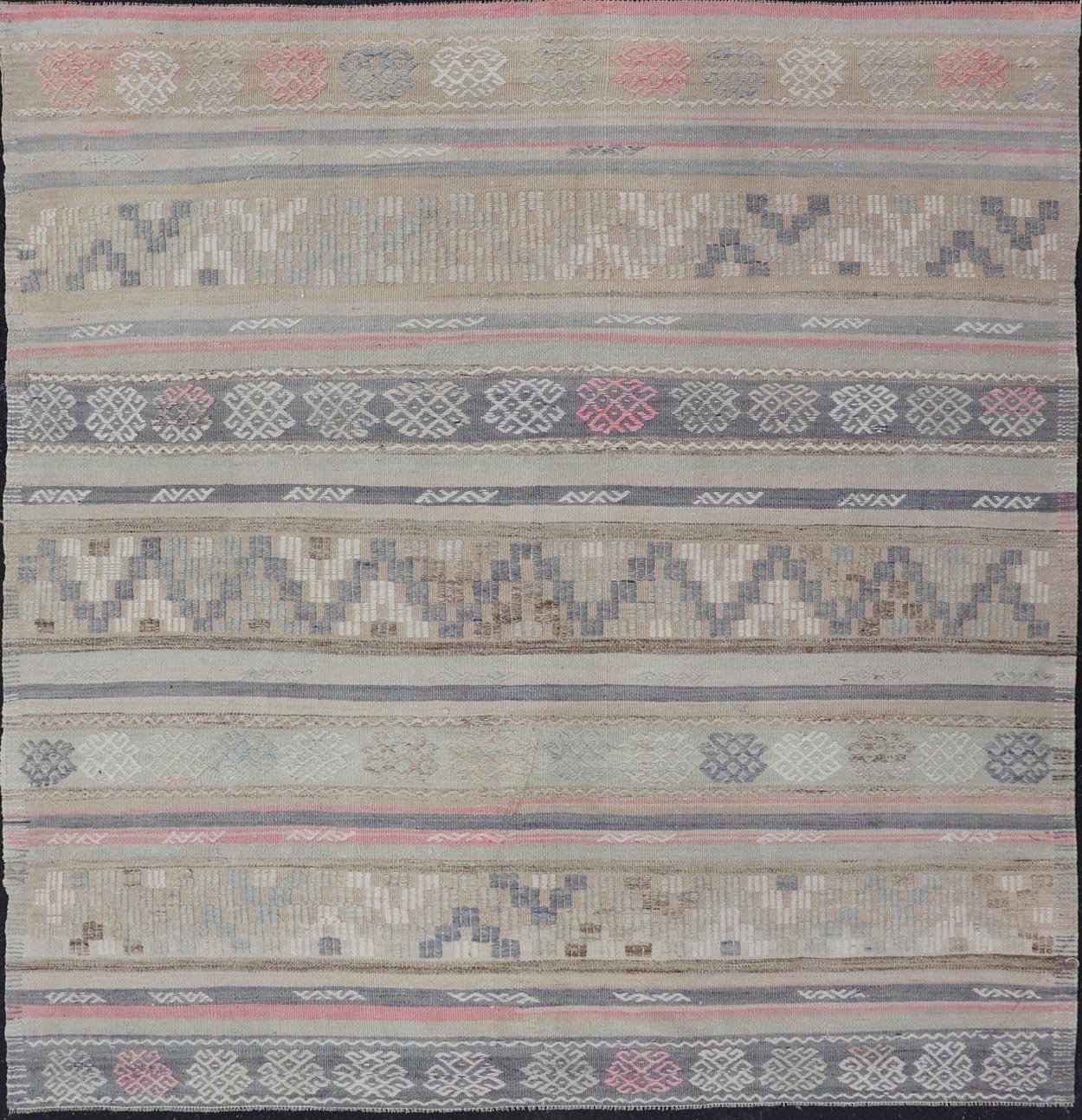 Stripes and Embroideries Turkish Flat - Weave vintage Kilim in various Muted Colors. Keivan Woven Arts / rug EN - 15178, country of origin / type: Turkey / Kilim, circa 1950 Measures: 5'4 x 5'10 This Kilim rug from Turkey features a striped ... - Keivan Woven ArtsEN - 15178 - 24031Rug