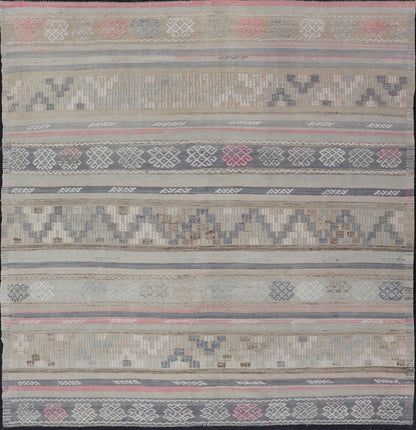 Stripes and Embroideries Turkish Flat - Weave vintage Kilim in various Muted Colors. Keivan Woven Arts / rug EN - 15178, country of origin / type: Turkey / Kilim, circa 1950 Measures: 5'4 x 5'10 This Kilim rug from Turkey features a striped ... - Keivan Woven ArtsEN - 15178 - 24031Rug