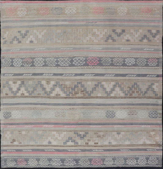 Stripes and Embroideries Turkish Flat - Weave vintage Kilim in various Muted Colors. Keivan Woven Arts / rug EN - 15178, country of origin / type: Turkey / Kilim, circa 1950 Measures: 5'4 x 5'10 This Kilim rug from Turkey features a striped ... - Keivan Woven ArtsEN - 15178 - 24031Rug