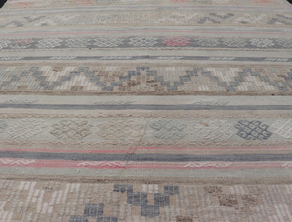 Stripes and Embroideries Turkish Flat - Weave vintage Kilim in various Muted Colors. Keivan Woven Arts / rug EN - 15178, country of origin / type: Turkey / Kilim, circa 1950 Measures: 5'4 x 5'10 This Kilim rug from Turkey features a striped ... - Keivan Woven ArtsEN - 15178 - 24031Rug