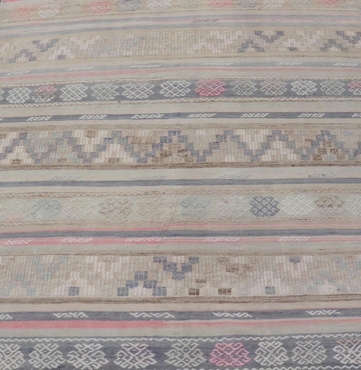 Stripes and Embroideries Turkish Flat - Weave vintage Kilim in various Muted Colors. Keivan Woven Arts / rug EN - 15178, country of origin / type: Turkey / Kilim, circa 1950 Measures: 5'4 x 5'10 This Kilim rug from Turkey features a striped ... - Keivan Woven ArtsEN - 15178 - 24031Rug