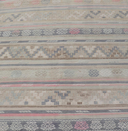 Stripes and Embroideries Turkish Flat - Weave vintage Kilim in various Muted Colors. Keivan Woven Arts / rug EN - 15178, country of origin / type: Turkey / Kilim, circa 1950 Measures: 5'4 x 5'10 This Kilim rug from Turkey features a striped ... - Keivan Woven ArtsEN - 15178 - 24031Rug