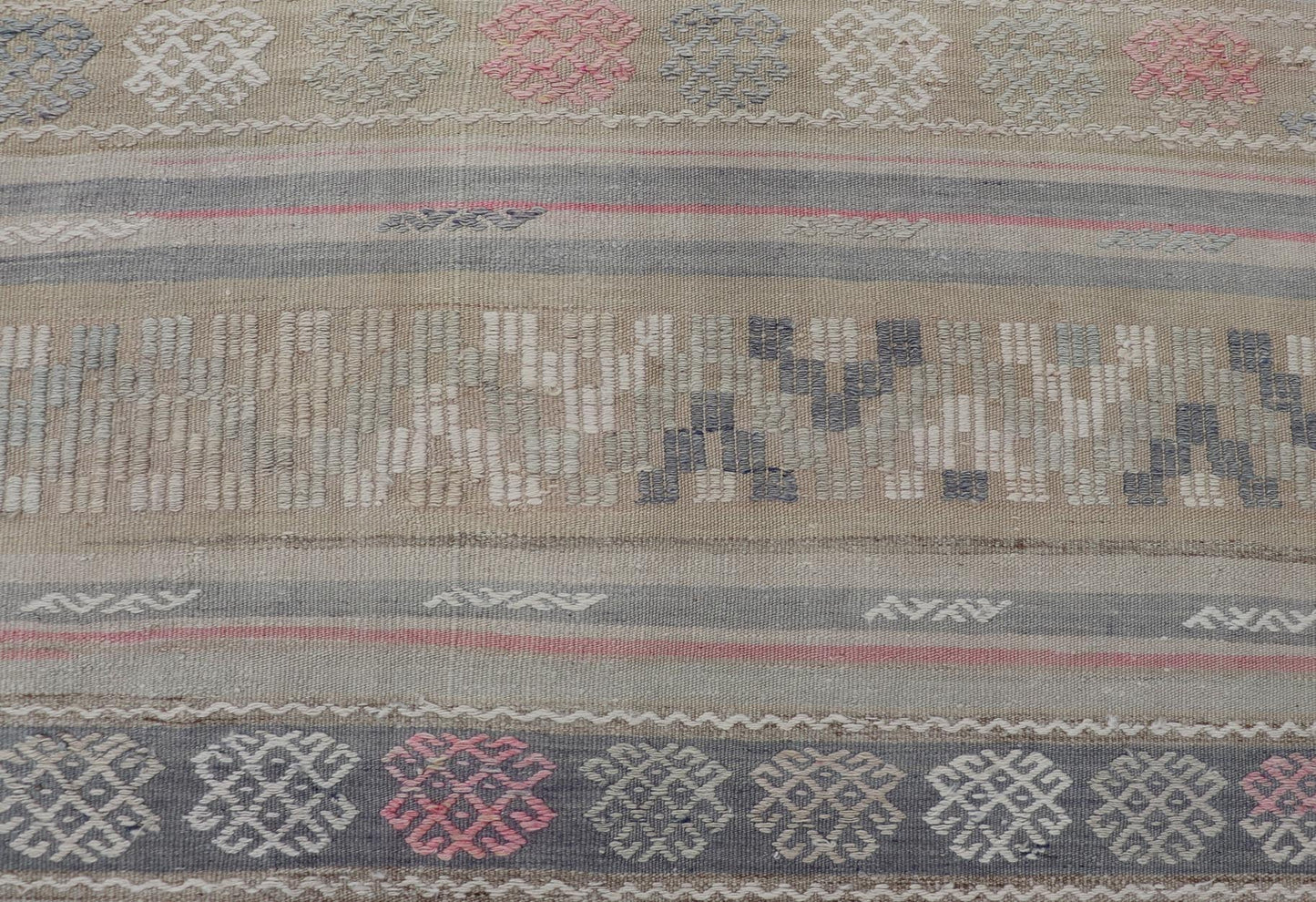 Stripes and Embroideries Turkish Flat - Weave vintage Kilim in various Muted Colors. Keivan Woven Arts / rug EN - 15178, country of origin / type: Turkey / Kilim, circa 1950 Measures: 5'4 x 5'10 This Kilim rug from Turkey features a striped ... - Keivan Woven ArtsEN - 15178 - 24031Rug