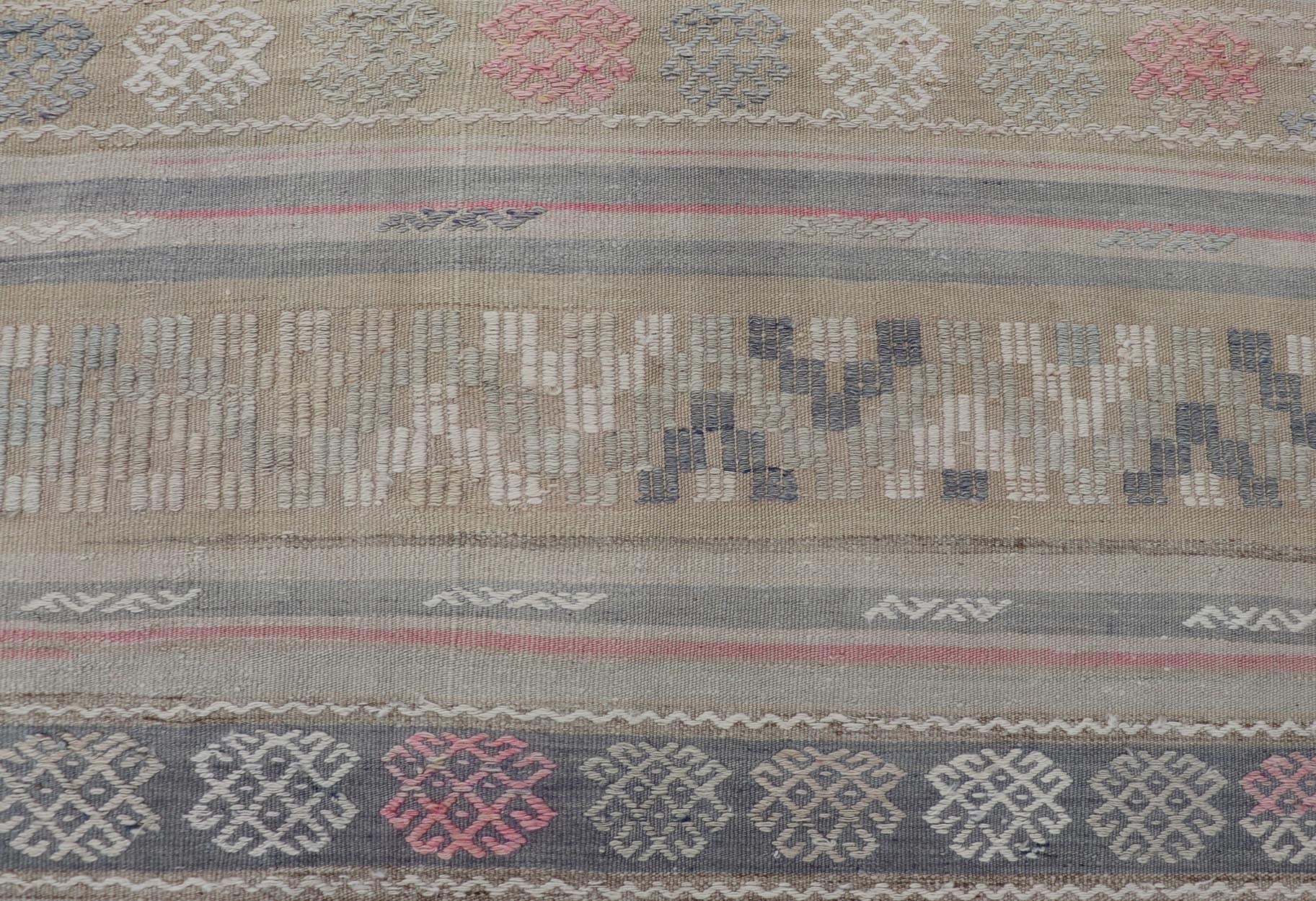 Stripes and Embroideries Turkish Flat - Weave vintage Kilim in various Muted Colors. Keivan Woven Arts / rug EN - 15178, country of origin / type: Turkey / Kilim, circa 1950 Measures: 5'4 x 5'10 This Kilim rug from Turkey features a striped ... - Keivan Woven ArtsEN - 15178 - 24031Rug