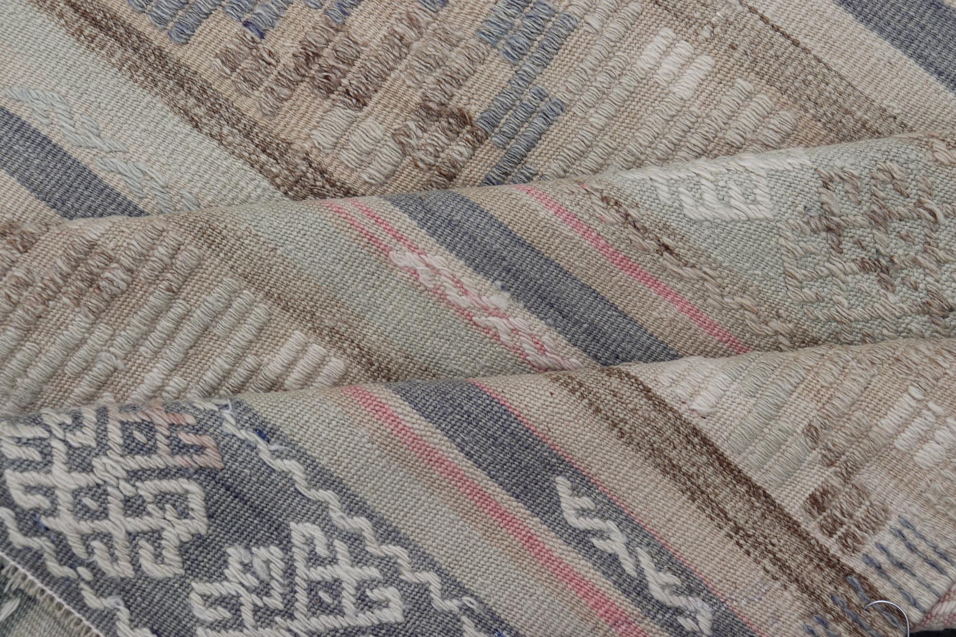 Stripes and Embroideries Turkish Flat - Weave vintage Kilim in various Muted Colors. Keivan Woven Arts / rug EN - 15178, country of origin / type: Turkey / Kilim, circa 1950 Measures: 5'4 x 5'10 This Kilim rug from Turkey features a striped ... - Keivan Woven ArtsEN - 15178 - 24031Rug