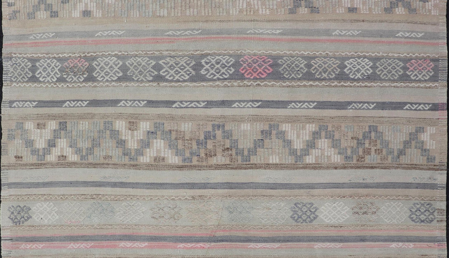 Stripes and Embroideries Turkish Flat - Weave vintage Kilim in various Muted Colors. Keivan Woven Arts / rug EN - 15178, country of origin / type: Turkey / Kilim, circa 1950 Measures: 5'4 x 5'10 This Kilim rug from Turkey features a striped ... - Keivan Woven ArtsEN - 15178 - 24031Rug