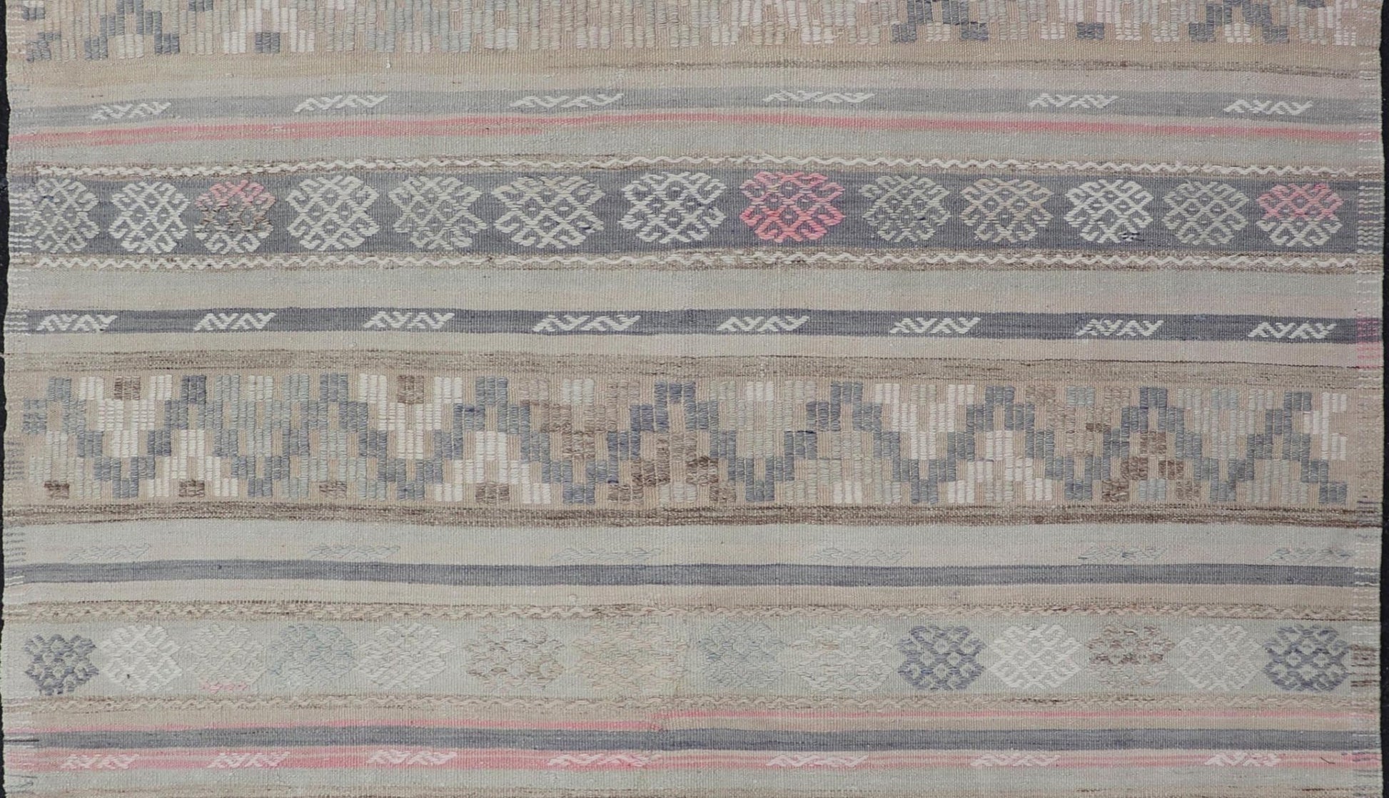 Stripes and Embroideries Turkish Flat - Weave vintage Kilim in various Muted Colors. Keivan Woven Arts / rug EN - 15178, country of origin / type: Turkey / Kilim, circa 1950 Measures: 5'4 x 5'10 This Kilim rug from Turkey features a striped ... - Keivan Woven ArtsEN - 15178 - 24031Rug