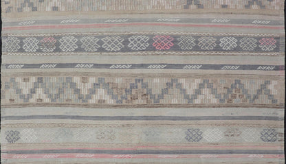 Stripes and Embroideries Turkish Flat - Weave vintage Kilim in various Muted Colors. Keivan Woven Arts / rug EN - 15178, country of origin / type: Turkey / Kilim, circa 1950 Measures: 5'4 x 5'10 This Kilim rug from Turkey features a striped ... - Keivan Woven ArtsEN - 15178 - 24031Rug