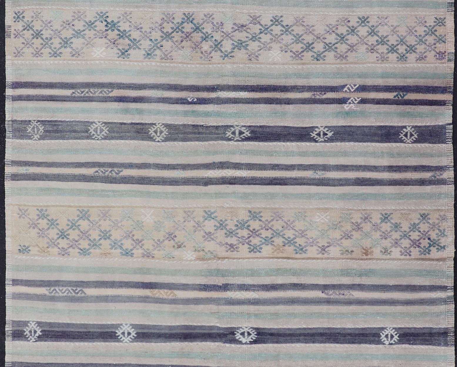 Vintage Turkish Flat - Weave L. teal, Taupe, butter, Lavender & Ink Blue. Keivan Woven Arts / rug/EN - 15179, country of origin / type: Turkey / Kilim, circa 1950 Measures: 5'6 x 8'0 This vintage flat - woven Kilim features a minimalist design... - Keivan Woven ArtsEN - 15179 - 24037Rug