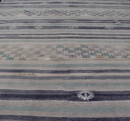 Vintage Turkish Flat - Weave L. teal, Taupe, butter, Lavender & Ink Blue. Keivan Woven Arts / rug/EN - 15179, country of origin / type: Turkey / Kilim, circa 1950 Measures: 5'6 x 8'0 This vintage flat - woven Kilim features a minimalist design... - Keivan Woven ArtsEN - 15179 - 24037Rug