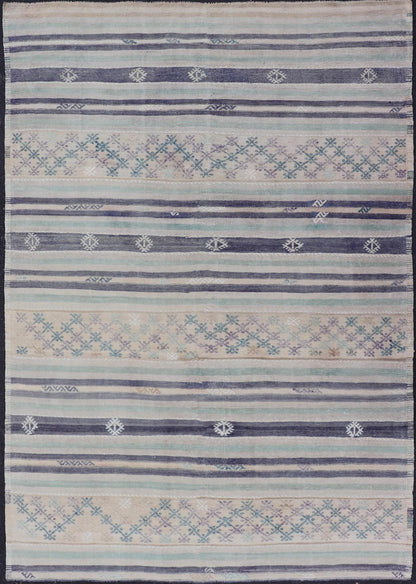 Vintage Turkish Flat - Weave L. teal, Taupe, butter, Lavender & Ink Blue. Keivan Woven Arts / rug/EN - 15179, country of origin / type: Turkey / Kilim, circa 1950 Measures: 5'6 x 8'0 This vintage flat - woven Kilim features a minimalist design... - Keivan Woven ArtsEN - 15179 - 24037Rug