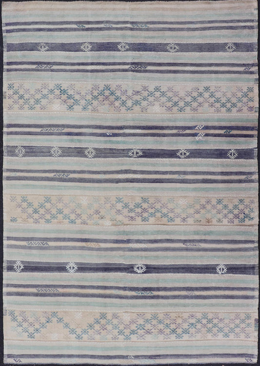 Vintage Turkish Flat - Weave L. teal, Taupe, butter, Lavender & Ink Blue. Keivan Woven Arts / rug/EN - 15179, country of origin / type: Turkey / Kilim, circa 1950 Measures: 5'6 x 8'0 This vintage flat - woven Kilim features a minimalist design... - Keivan Woven ArtsEN - 15179 - 24037Rug
