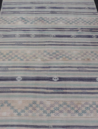 Vintage Turkish Flat - Weave L. teal, Taupe, butter, Lavender & Ink Blue. Keivan Woven Arts / rug/EN - 15179, country of origin / type: Turkey / Kilim, circa 1950 Measures: 5'6 x 8'0 This vintage flat - woven Kilim features a minimalist design... - Keivan Woven ArtsEN - 15179 - 24037Rug
