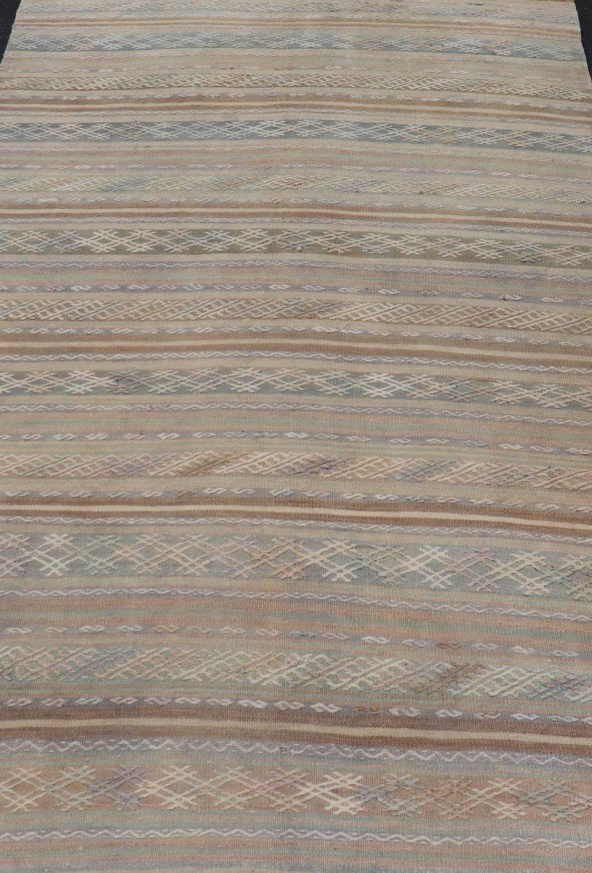 Vintage Turkish Flat - Weave Kilim with Embroideries in Muted Tones and Stripes. Keivan Woven Arts / rug EN - 15180, country of origin / type: Turkey / Kilim, circa 1950 Measures: 5'2 x 8'3 This vintage Turkish Kilim rug features a contemporary geom... - Keivan Woven ArtsEN - 15180 - 24043Rug