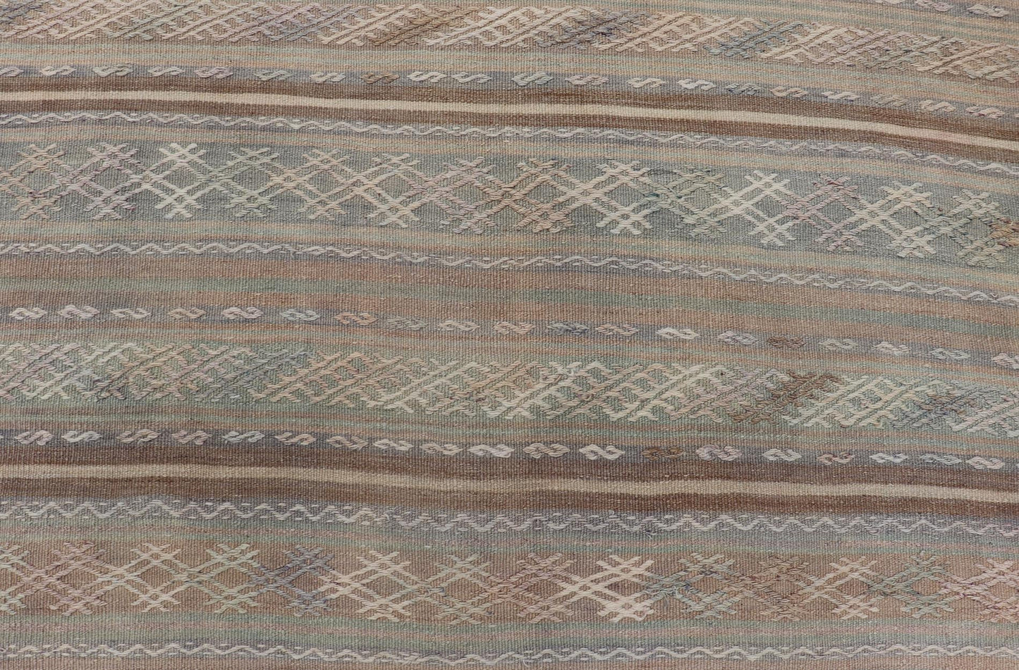 Vintage Turkish Flat - Weave Kilim with Embroideries in Muted Tones and Stripes. Keivan Woven Arts / rug EN - 15180, country of origin / type: Turkey / Kilim, circa 1950 Measures: 5'2 x 8'3 This vintage Turkish Kilim rug features a contemporary geom... - Keivan Woven ArtsEN - 15180 - 24043Rug