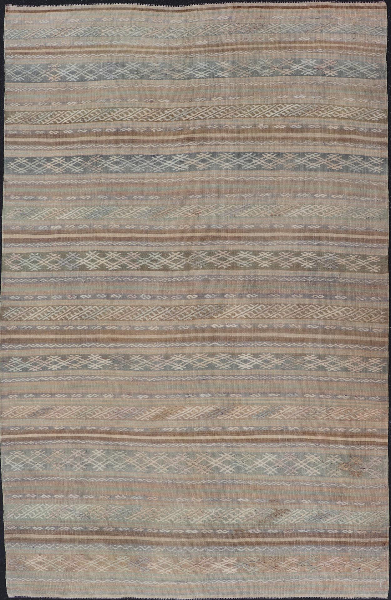 Vintage Turkish Flat - Weave Kilim with Embroideries in Muted Tones and Stripes. Keivan Woven Arts / rug EN - 15180, country of origin / type: Turkey / Kilim, circa 1950 Measures: 5'2 x 8'3 This vintage Turkish Kilim rug features a contemporary geom... - Keivan Woven ArtsEN - 15180 - 24043Rug